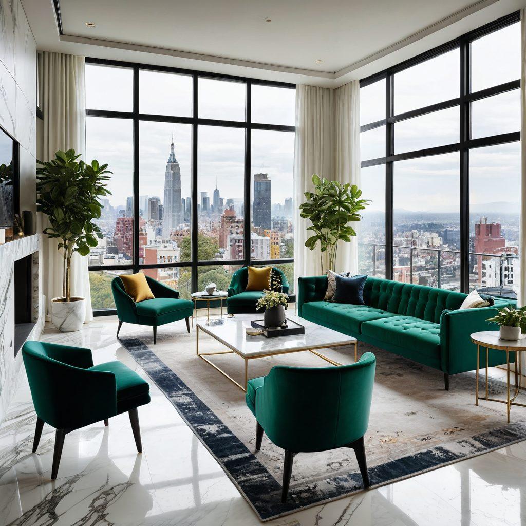 A lavish, modern apartment interior featuring sleek furniture, bold geometric patterns, floor-to-ceiling windows with a stunning cityscape view, and lush green indoor plants. The setting should be bathed in ambient, soft lighting that highlights marble countertops, velvet upholstery, and cutting-edge artwork. super-realistic. vibrant colors. warm lighting.