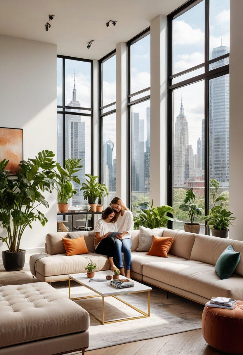 A stylish urban apartment with large windows revealing a stunning cityscape, modern furniture, and greenery. A couple browsing through an apartment listing on a tablet, smiling and pointing. The setting should exude luxury and modern design. super-realistic. vibrant colors.