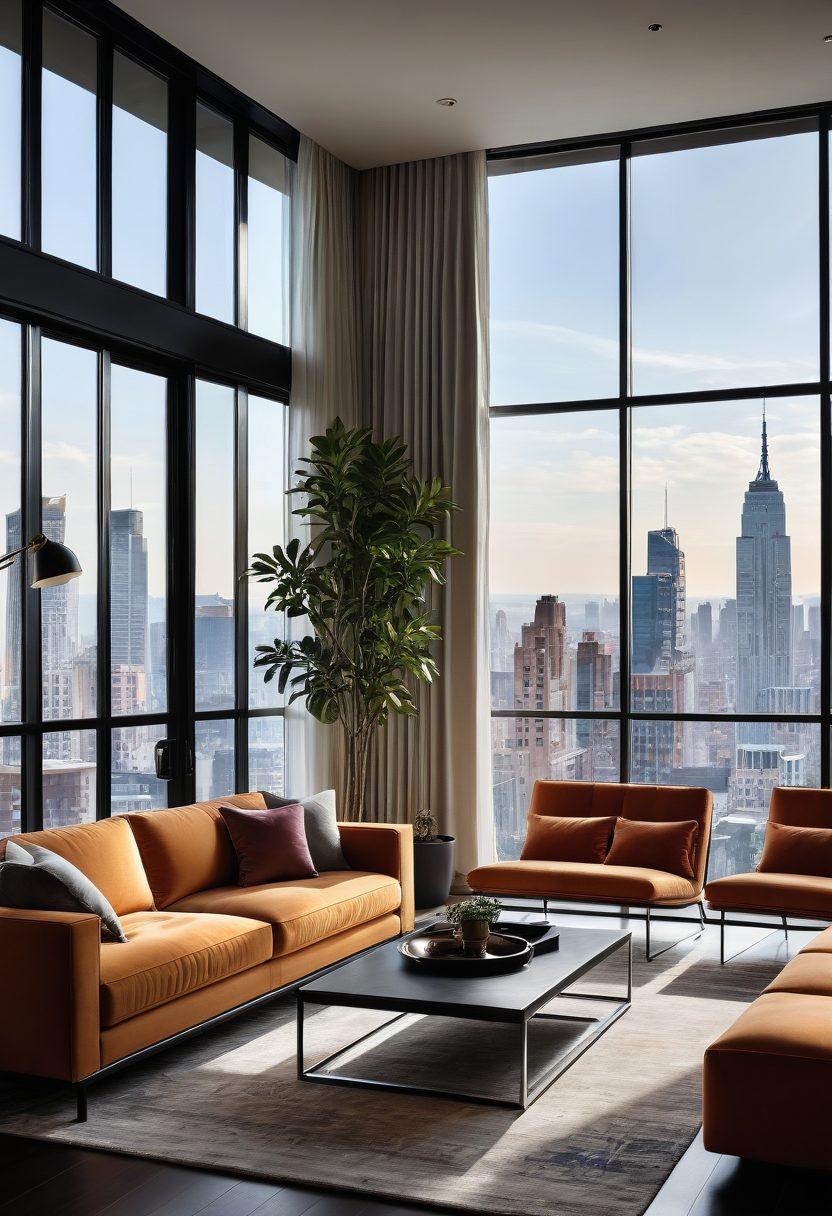 A luxurious, modern apartment with sleek furniture, chic lighting fixtures, and contemporary art on the walls. Large floor-to-ceiling windows offer a stunning cityscape view, and a cozy, stylish living area invites relaxation. Add elements of cutting-edge technology and lush indoor plants for a touch of nature. super-realistic. vibrant colors.